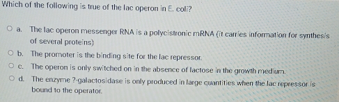 Which of the following is true of the lac operon in E. coli?
a. The lac operon messenger RNA is a polycistronic mRNA (it carries information for synthesis
of several proteins)
b. The promoter is the binding site for the lac repressor.
c. The operon is only switched on in the absence of lactose in the growth medium.
d. The enzyme ? galactosidase is only produced in large quantities when the lac repressor is
bound to the operator.