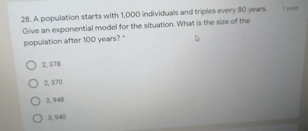 Solved: A population starts with 1,000 individuals and triples every 80 ...