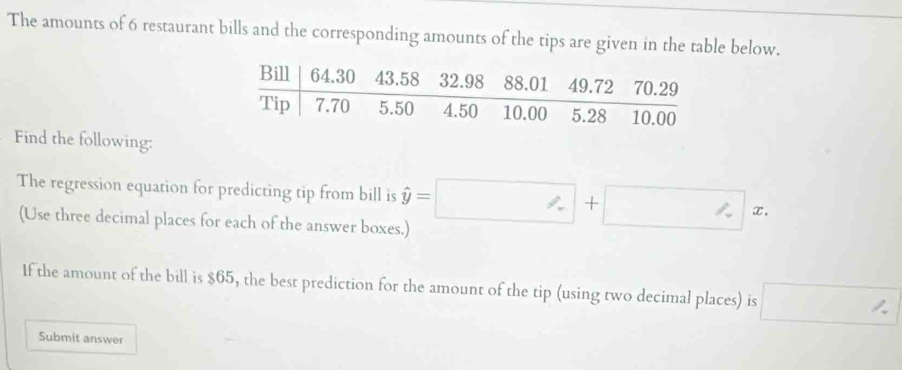 The amounts of 6 restaurant bills and the corresponding amounts of the tips are given in the table below. 
Find the following: 
The regression equation for predicting tip from bill is hat y=□ +□ x. 
(Use three decimal places for each of the answer boxes.) 
If the amount of the bill is $65, the best prediction for the amount of the tip (using two decimal places) is □ 
Submit answer