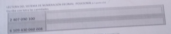 LECTURA DEL SISTEMA DE NUMERACIÓN DECIMAL -POSICIONAL (y 1 puote cóu) 
Escrib o etra las can tida s
2 407 090 100
6 109 430 060 008