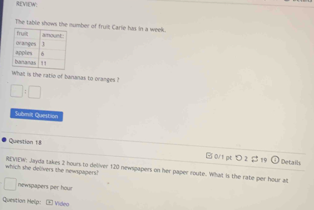 REVIEW: 
The table shows the number of fruit Carie has in a week. 
What is the ratio of bananas to oranges ?
□ :□
Submit Question 
Question 18 □ 0/1 pt つ 2 $19 
Details 
REVIEW: Jayda takes 2 hours to deliver 120 newspapers on her paper route. What is the rate per hour at 
which she delivers the newspapers?
□ newspapers per hour
Question Help: B Video