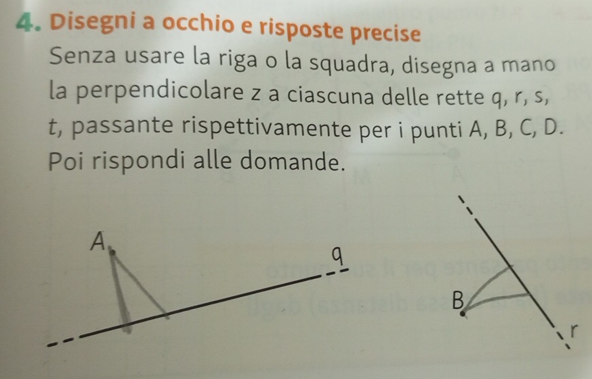 Disegni a occhio e risposte precise 
Senza usare la riga o la squadra, disegna a mano 
la perpendicolare z a ciascuna delle rette q, r, s,
t, passante rispettivamente per i punti A, B, C, D. 
Poi rispondi alle domande.