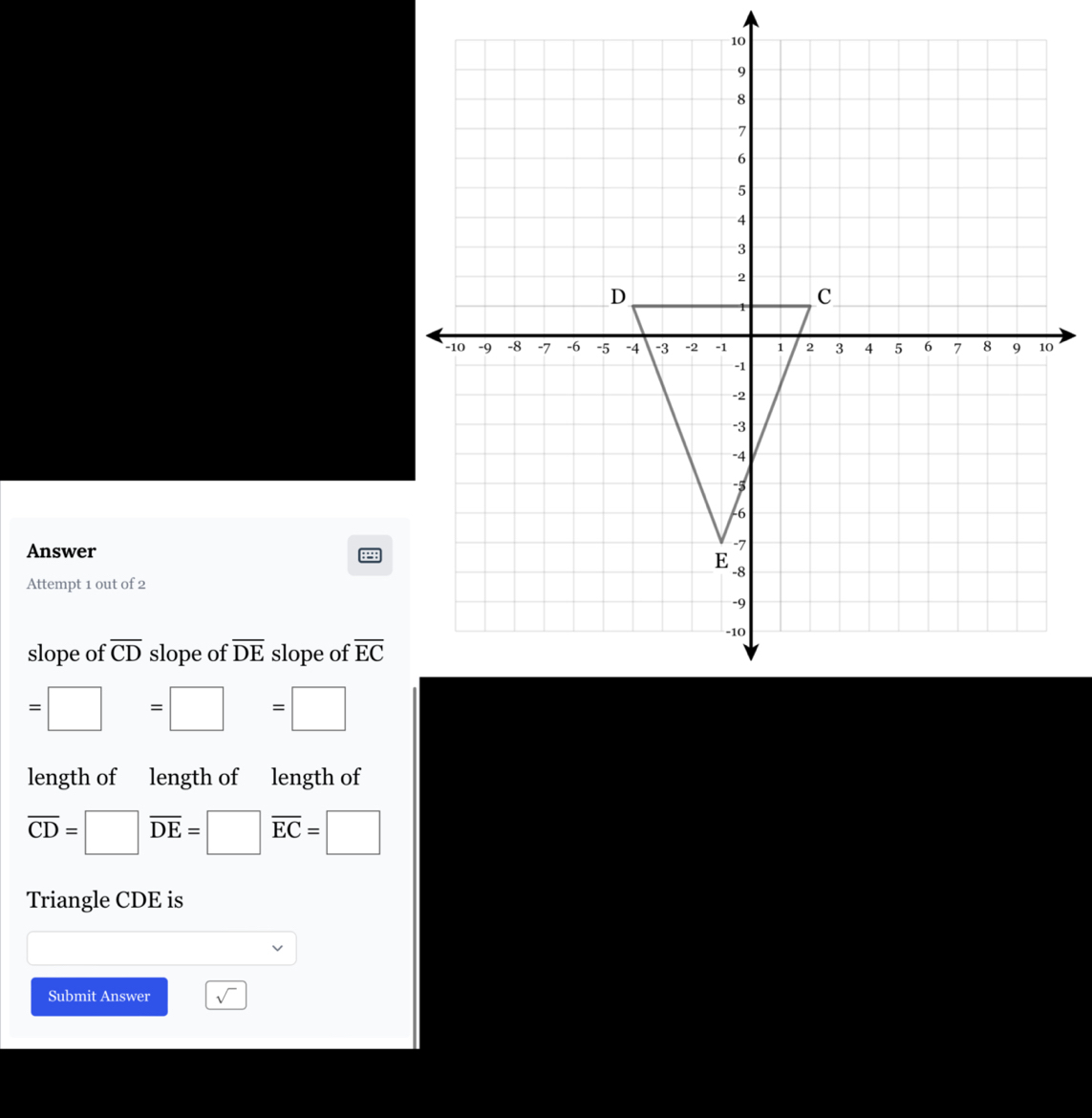 Answer 
28 
Attempt 1 out of 2 
slope of overline CD slope of overline DE slope of overline EC
=□ =□ =□
length of length of length of
overline CD=□ overline DE=□ overline EC=□
Triangle CDE is 
Submit Answer