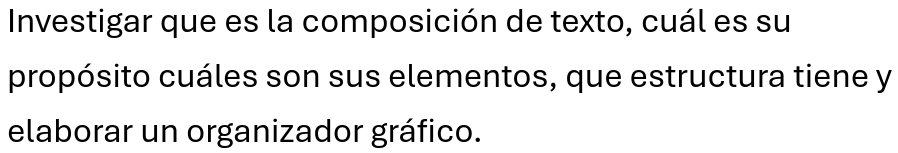 Investigar que es la composición de texto, cuál es su 
propósito cuáles son sus elementos, que estructura tiene y 
elaborar un organizador gráfico.