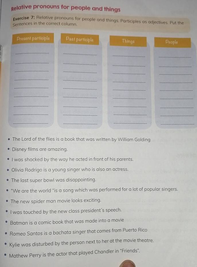 Relative pronouns for people and things 
Exercise 7: Relative pronouns for people and things. Participles as adjectives. Put the 
Sentences in the correct column. 
Present participle Past participle Things People 
_ 
_ 
_ 
_ 
_ 
_ 
_ 
_ 
_ 
_ 
_ 
_ 
_ 
_ 
_ 
_ 
_ 
_ 
_ 
_ 
__ 
__ 
_ 
__ 
_ 
_ 
__ 
_ 
__ 
_ 
_ 
The Lord of the flies is a book that was written by William Golding 
Disney films are amazing. 
I was shocked by the way he acted in front of his parents. 
Olivia Rodrigo is a young singer who is also an actress. 
The last super bowl was disappointing. 
“We are the world “is a song which was performed for a lot of popular singers. 
The new spider man movie looks exciting. 
I was touched by the new class president’s speech. 
Batman is a comic book that was made into a movie 
Romeo Santos is a bachata singer that comes from Puerto Rico 
Kylie was disturbed by the person next to her at the movie theatre. 
Mathew Perry is the actor that played Chandler in “Friends”.