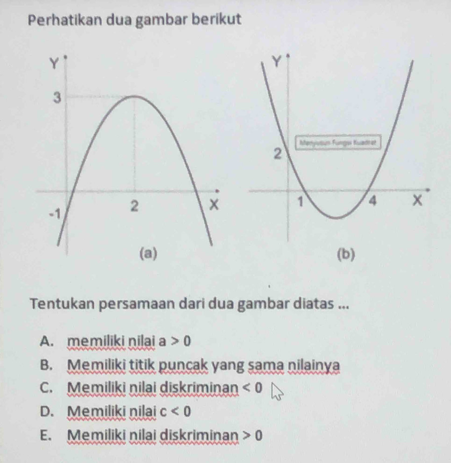 Perhatikan dua gambar berikut
(b)
Tentukan persamaan dari dua gambar diatas ...
A. memiliki nilai a>0
B. Memiliki titik puncak yang sama nilainya
C. Memiliki nilai diskriminan <0</tex>
D. Memiliki nilai c<0</tex>
E. Memiliki nilai diskriminan 0