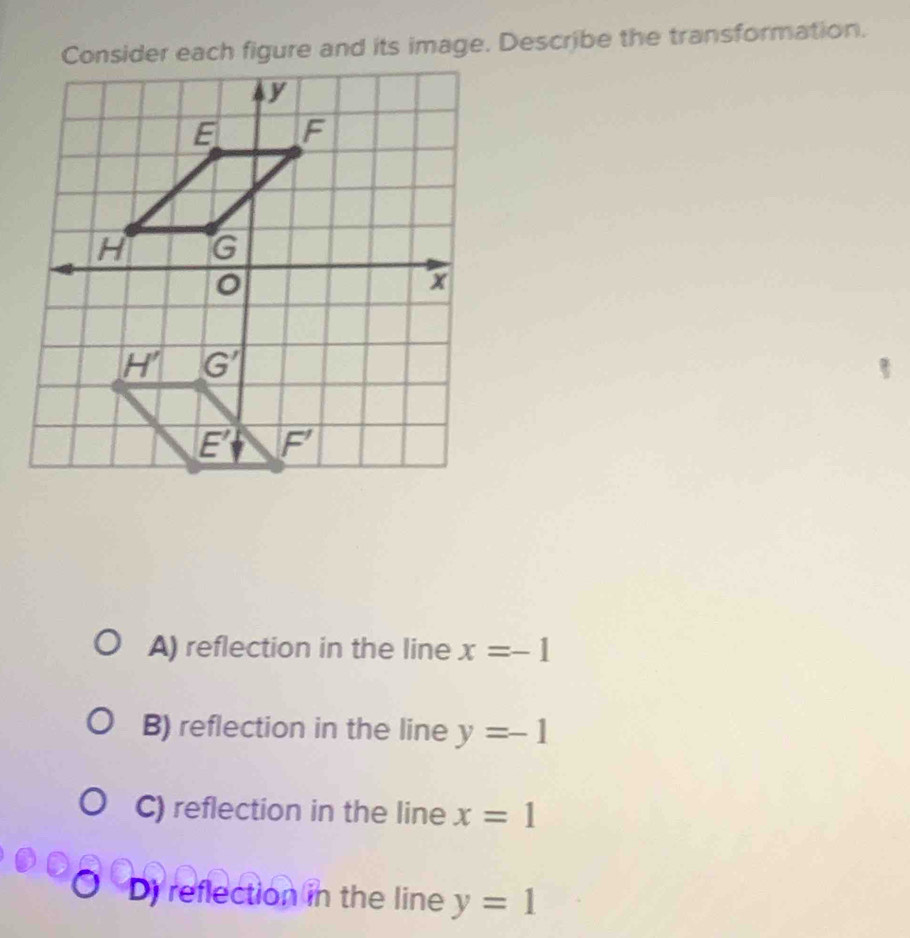 Consider each figure and its image. Describe the transformation.
A) reflection in the line x=-1
B) reflection in the line y=-1
C) reflection in the line x=1
D) reflection in the line y=1