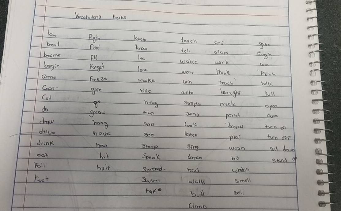 Vocabulary reibs 
be pigth keep teach ory 
give 
beat Find know clab Eigh 
tell 
become fld 
lee 
wakue work tn. 
begin Forget looe Push 
wear think 
come Freeze make win tach talk 
Coot 
give ride wnte bought full 
Cut Simple create apen 
go king 
do Jump paint cose 
graw run 
draw hang look draw turn oo 
sad 
drive have see listen play tun oer 
drink hear gleep sing wain sit dod 
cat h. t Speak dance bd 
stend of 
Koll holt 
Spead. read whtch 
reet sum walk smell 
take buld sell 
climb