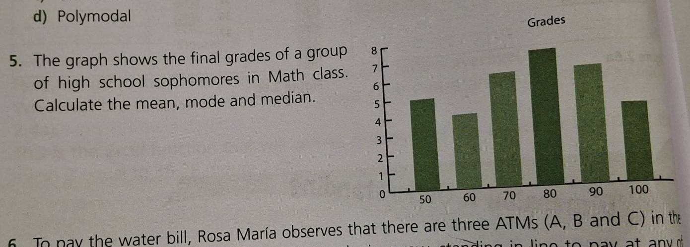 d) Polymodal
5. The graph shows the final grades of a group
of high school sophomores in Math class.
Calculate the mean, mode and median.
6. To pay the water bill, Rosa María observes that there are three ATMs (A, B and C) in the