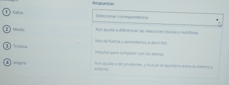 Respuestas 
1 Rabia Seleccionar correspondencia 
2 Miedo Nos ayuda a diferenciar las relaciones tóxicas y nutritivas. 
Nos da fuerza y aprendemos a decir NO. 
3 Tristeza 
Impulso para compartir con los demás 
4 Alegría Nos ayuda a ser prudentes, y buscar el equilibrio entre lo interno y 
externo