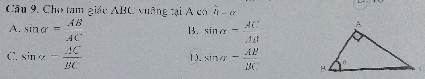 Cho tam giác ABC vuông tại A có widehat B=alpha
A. sin alpha = AB/AC 
B. sin alpha = AC/AB 
C. sin alpha = AC/BC 
D. sin alpha = AB/BC 