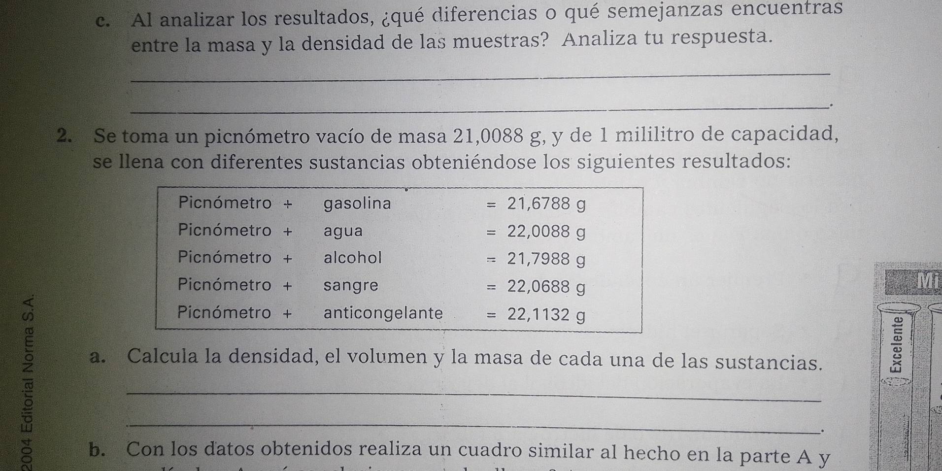 Al analizar los resultados, ¿qué diferencias o qué semejanzas encuentras
entre la masa y la densidad de las muestras? Analiza tu respuesta.
_
__.
2. Se toma un picnómetro vacío de masa 21,0088 g, y de 1 mililitro de capacidad,
se llena con diferentes sustancias obteniéndose los siguientes resultados:
a. Calcula la densidad, el volumen y la masa de cada una de las sustancias.
:
_
_
.
b. Con los datos obtenidos realiza un cuadro similar al hecho en la parte A y