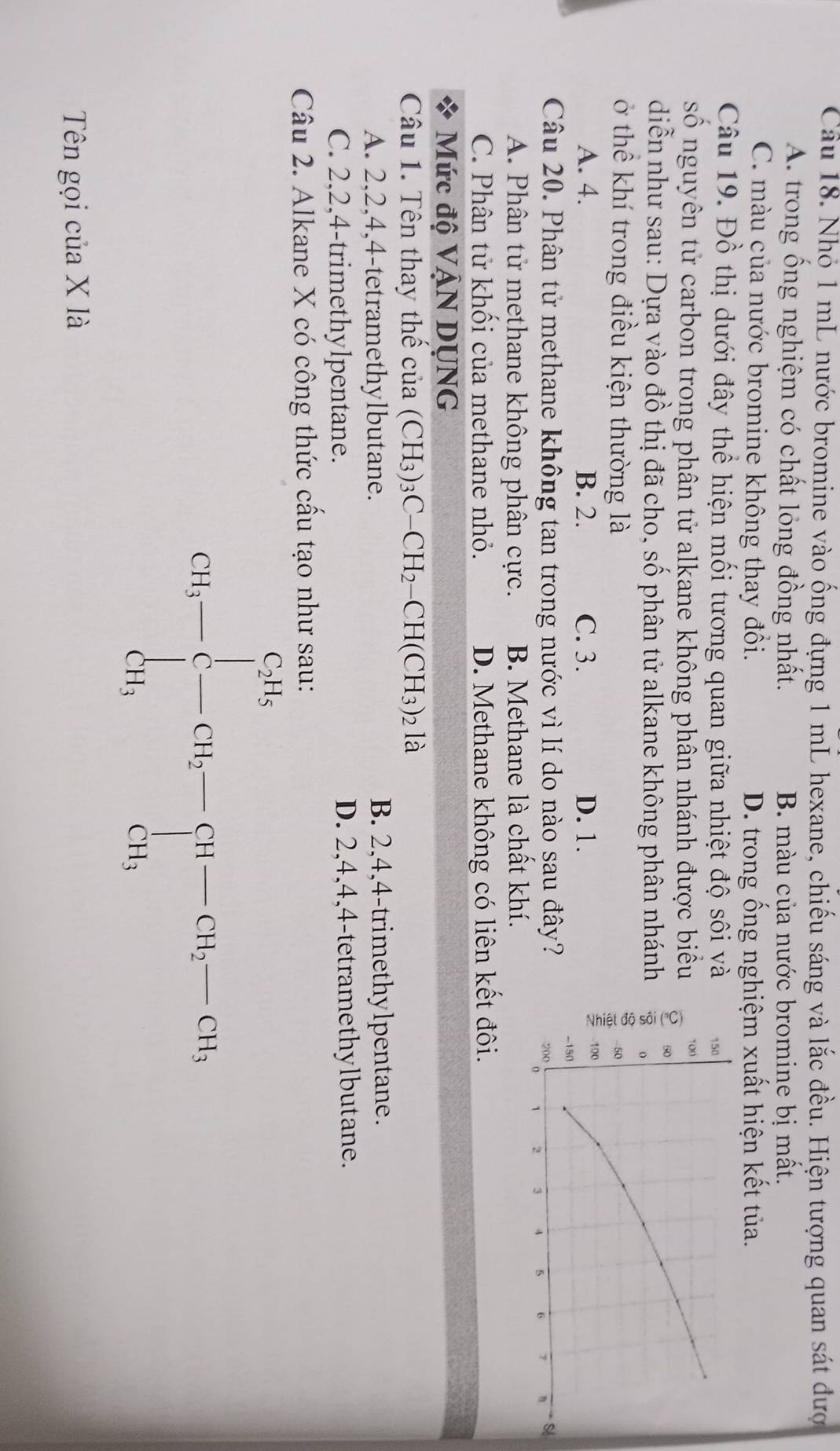 Nhỏ 1 mL nước bromine vào ống đựng 1 mL hexane, chiếu sáng và lắc đều. Hiện tượng quan sát đượ
A. trong ống nghiệm có chất lỏng đồng nhất. B. màu của nước bromine bi mất.
C. màu của nước bromine không thay đổi. D. trong ống nghiệm xuất hiện kết tủa.
Câu 19. Đồ thị dưới đây thể hiện mối tương quan giữa nhiệt độ sôi và
số nguyên tử carbon trong phân tử alkane không phân nhánh được biểu
diễn như sau: Dựa vào đồ thị đã cho, số phân tử alkane không phân nhánh
ở thể khí trong điều kiện thường là
A. 4. B. 2. C. 3. D. 1.
Câu 20. Phân tử methane không tan trong nước vì lí do nào sau đây?
A. Phân tử methane không phân cực. B. Methane là chất khí.
C. Phân tử khối của methane nhỏ. D. Methane không có liên kết đôi.
Mức độ VậN DỤNG
Câu 1. Tên thay thể của (CH_3)_3C-CH_2-CH(CH_3)_2 là
A. 2, 2, 4, 4 -tetramethylbutane. B. 2, 4, 4 -trimethylpentane.
C. 2, 2, 4 -trimethylpentane. D. 2, 4, 4, 4 -tetramethylbutane.
Câu 2. Alkane X có công thức cấu tạo như sau:
CH_∈t )-beginarrayl cCH_3-CH_2-CH_2Gh_1,GH_2 
Tên gọi của X là