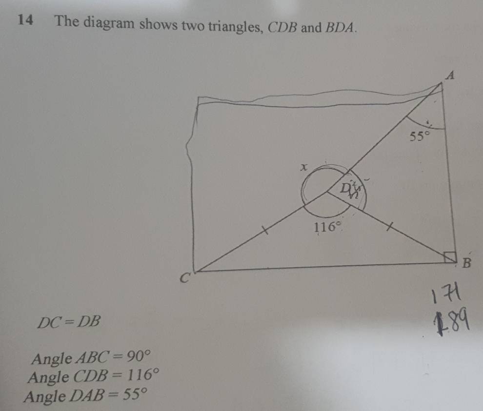 Solved: The diagram shows two triangles, CDB and BDA. DC=DB Angle ABC ...