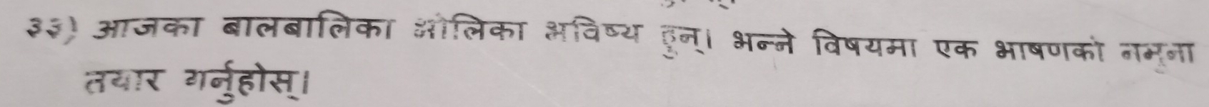 ३३) आजका बालबालिका ऑलिका अविष्य हुन्। भन्ने विषयमा एक भाषणको नम्ना 
तयार गर्नुहोस्।