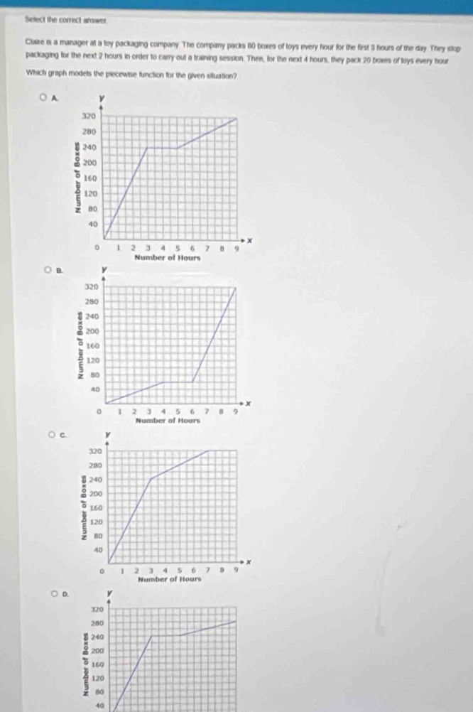 Select the correct answer.
Claire is a manager at a toy packaging company. The company packs t0 boxes of toys every hour for the first 3 hours of the day. They stop
packaging for the next 2 hours in order to carry out a training session. Then, for the next 4 hours, they pack 20 boxes of loys every hour
Which graph modets the piecewise function for the given situation?
A.
B.
c.
D.
40