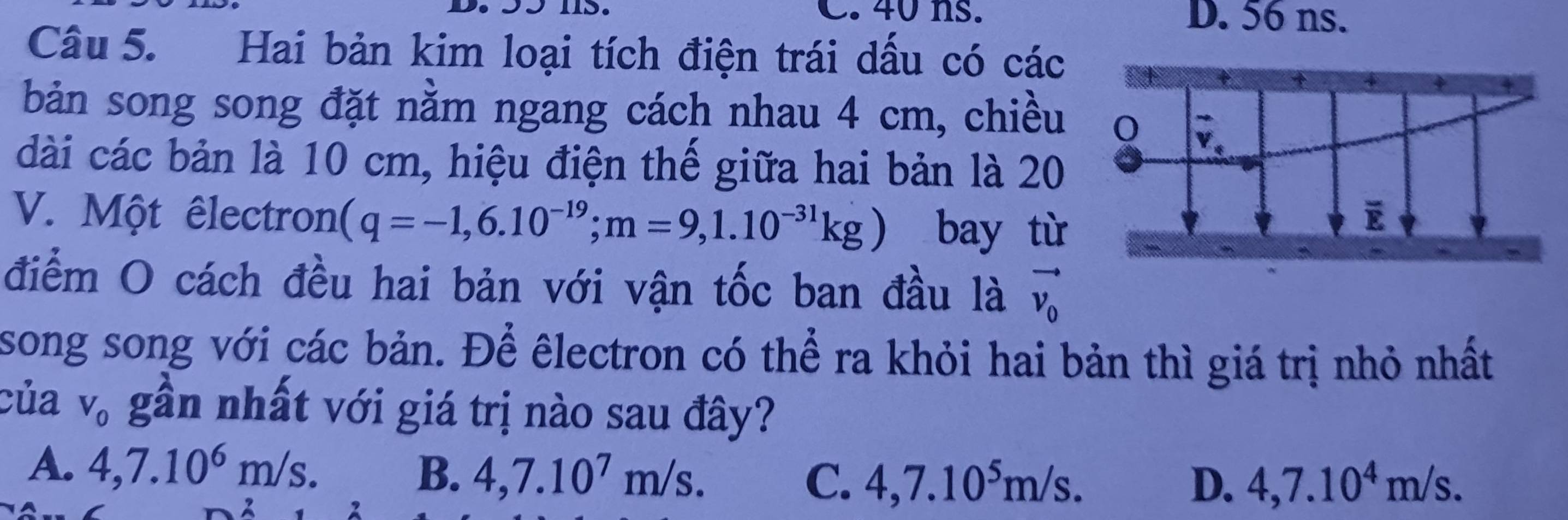 40 ns. D. 56 ns.
Câu 5. Hai bản kim loại tích điện trái dấu có các
bản song song đặt nằm ngang cách nhau 4 cm, chiều
dài các bản là 10 cm, hiệu điện thế giữa hai bản là 20
V. Một êlectron (q=-1,6.10^(-19); m=9,1.10^(-31)kg) bay từ
điểm O cách đều hai bản với vận tốc ban đầu là vector v_0
song song với các bản. Để êlectron có thể ra khỏi hai bản thì giá trị nhỏ nhất
của V_0 gần nhất với giá trị nào sau đây?
A. 4, 7.10^6m/s. 4, 7.10^4m/s.
B. 4, 7.10^7m/s. C. 4, 7.10^5m/s. D.