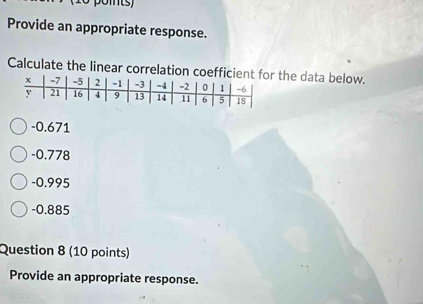 Provide an appropriate response.
Calculate the linear correlation the data below.
-0.671
-0.778
-0.995
-0.885
Question 8 (10 points)
Provide an appropriate response.