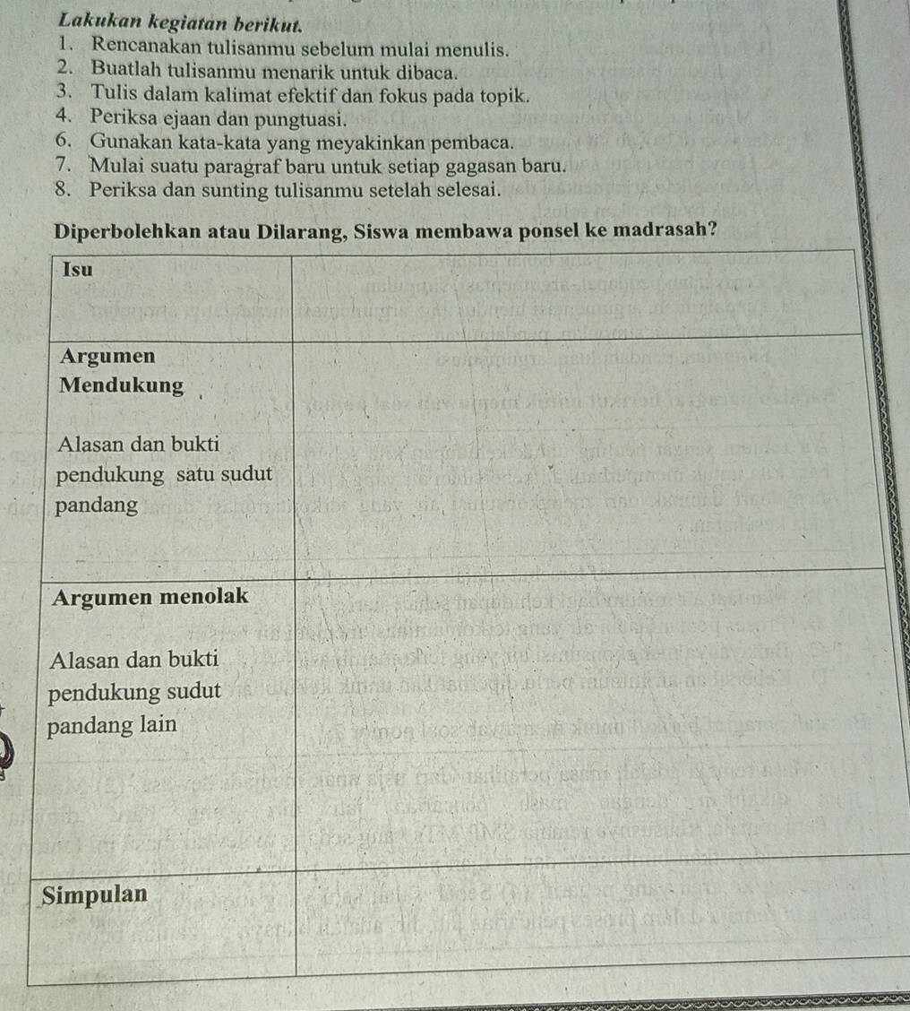 Lakukan kegiatan berikut. 
1. Rencanakan tulisanmu sebelum mulai menulis. 
2. Buatlah tulisanmu menarik untuk dibaca. 
3. Tulis dalam kalimat efektif dan fokus pada topik. 
4. Periksa ejaan dan pungtuasi. 
6. Gunakan kata-kata yang meyakinkan pembaca. 
7. Mulai suatu paragraf baru untuk setiap gagasan baru. 
8. Periksa dan sunting tulisanmu setelah selesai. 
madrasah?