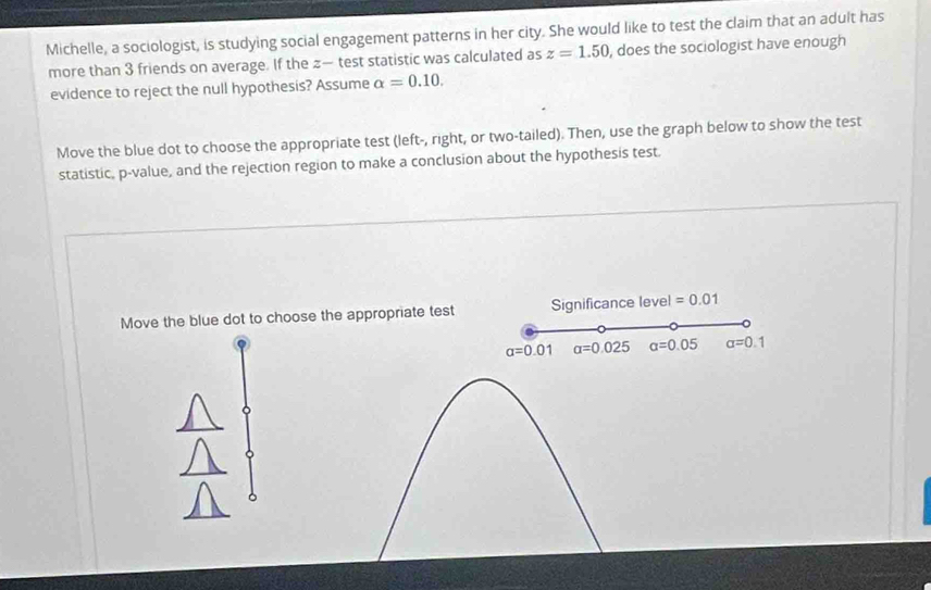 Michelle, a sociologist, is studying social engagement patterns in her city. She would like to test the claim that an adult has 
more than 3 friends on average. If the z — test statistic was calculated as z=1.50 , does the sociologist have enough 
evidence to reject the null hypothesis? Assume alpha =0.10. 
Move the blue dot to choose the appropriate test (left-, right, or two-tailed). Then, use the graph below to show the test 
statistic, p -value, and the rejection region to make a conclusion about the hypothesis test. 
Move the blue dot to choose the appropriate test Significance level =0.01
alpha =0.01 alpha =0.025 alpha =0.05 alpha =0.1