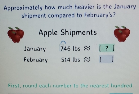 Approximately how much heavier is the January 
shipment compared to February's? 
Apple Shipments 
January 746 lbs ≈ [ ？ ]
February 514 lbs ≈ [ ]
First, round each number to the nearest hundred.