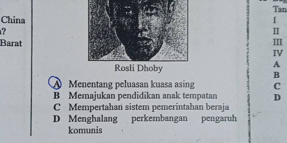 Tan
ChinaI
?
Ⅱ
BaratⅢ
IV
Rosli Dhoby
A
B
A Menentang peluasan kuasa asing C
B Memajukan pendidikan anak tempatan D
C Mempertahan sistem pemerintahan beraja
D Menghalang perkembangan pengaruh
komunis