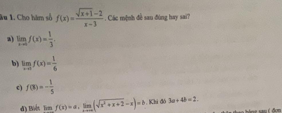 âu 1. Cho hàm số f(x)= (sqrt(x+1)-2)/x-3 . Các mệnh đề sau đúng hay sai?
a) limlimits _xto 0f(x)= 1/3 .
b) limlimits _xto 3f(x)= 1/6 
c) f(8)=- 1/5 
d) Biết limlimits _xto +∈fty f(x)=a, limlimits _xto +∈fty (sqrt(x^2+x+2)-x)=b. Khi đó 3a+4b=2. 
o b ảng sau ( đơn