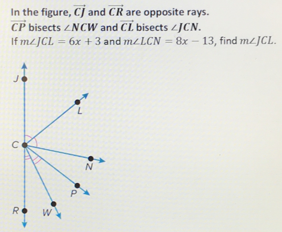 In the figure, vector CJ and vector CR are opposite rays.
vector CP bisects ∠ NCW and vector CL bisects ∠ JCN. 
If m∠ JCL=6x+3 and m∠ LCN=8x-13 , find m∠ JCL.