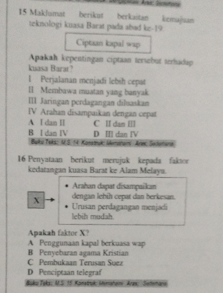 Ginan Aras: Gecnstona
15 Maklumat berikut berkaitan kemajuan
teknologi kuasa Barat pada abad ke-19
Ciptaan kapal wap
Apakah kepentingan ciptaan tersebut terhadup
kuasa Barat?
1 Perjalanan menjadi lebih cepat
I] Membawa muatan yang banyak.
III Jaringan perdagangan dīluaskan
IV Arahan disampaikan dengan cepat
A I dan I C II dan Ⅲ
B I dan IV D Ⅲ dan ⅣV
Baku Teks: M.S. 14. Konstruk: Memahaini Are: Sedorana
16 Penyataan berikut merujuk kepada faktor
kedatangan kuasa Barat ke Alam Melayu.
Arahan dapat disampaikan
dengan lebiḥ cepat dan berkesan.
X Urusan perdagangan menjadi
lebih mudah.
Apakah faktor X?
A Penggunaan kapal berkuasa wap
B Penyebaran agama Kristian
C Pembukaan Terusan Suez
D Penciptaan telegraf
Buku Toks; M.S. 15. Konatruk: Memahami Arzx: Sewhane