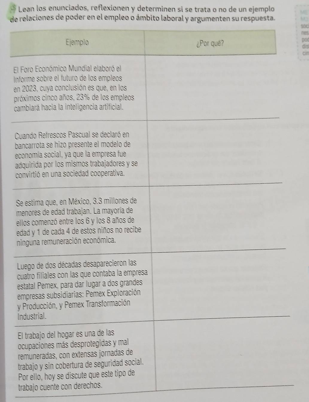 Lean los enunciados, reflexionen y determinen si se trata o no de un ejemplo 
de relaciones de poder en el empleo o ámbito laboral y argumenten su respuesta. 
% 
El 
In 
en 
p 
c 
C 
b 
e 
a 
c 
S 
m 
e 
e 
n 

c 
e 
e 
y 
I 
E 
o 
r 
trabajo cuente con derechos.