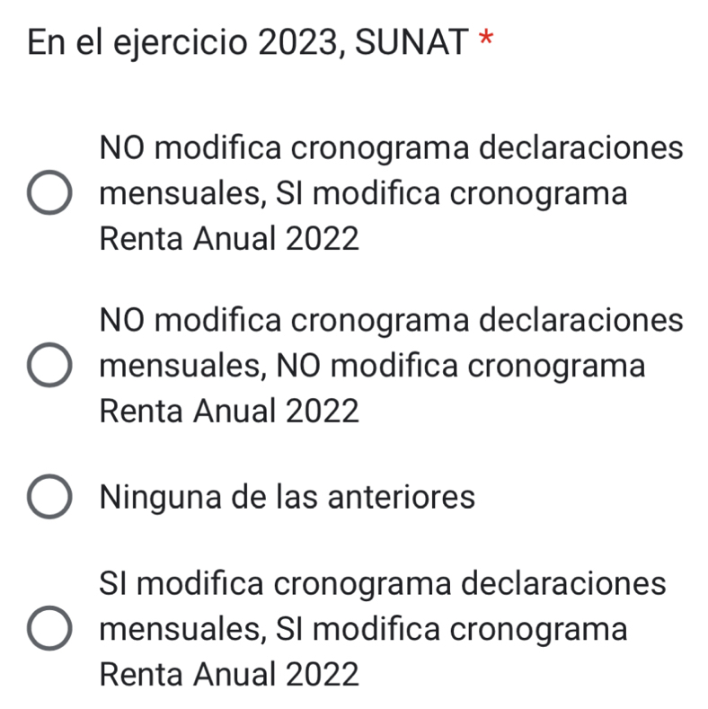 Resuelto:En el ejercicio 2023, SUNAT * NO modifica cronograma ...
