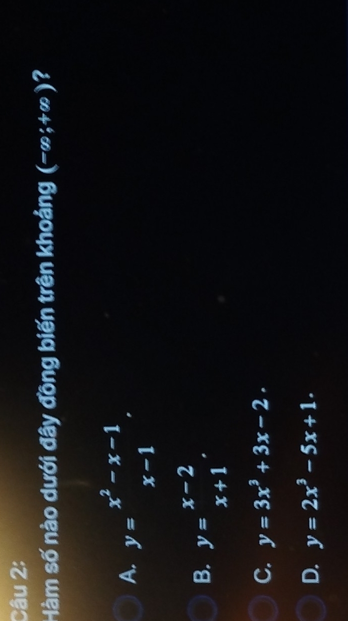 Hàm số nào dưới đây đồng biến trên khoảng (-∈fty ;+∈fty ) ?
A. y=beginarrayr x^2-x-1 x-1endarray.
B. y=beginarrayr x-2 x+1endarray ,
C. y=3x^3+3x-2
D. y=2x^3-5x+1.