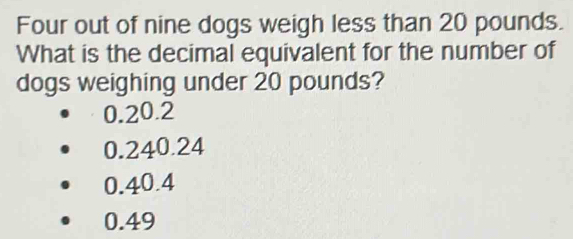 Four out of nine dogs weigh less than 20 pounds.
What is the decimal equivalent for the number of
dogs weighing under 20 pounds?
0.20.2
0.240.24
0.40.4
0.49