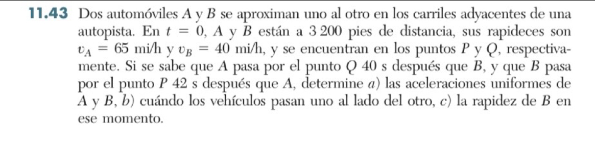 11.43 Dos automóviles A y B se aproximan uno al otro en los carriles adyacentes de una 
autopista. En t=0 0, A y B están a 3 200 pies de distancia, sus rapideces son
v_A=65 mi/h y v_B=40 mi/h, y se encuentran en los puntos P y Q, respectiva- 
mente. Si se sabe que A pasa por el punto Q 40 s después que B, y que B pasa 
por el punto P 42 s después que A, determine a) las aceleraciones uniformes de
A y B, b) cuándo los vehículos pasan uno al lado del otro, c) la rapidez de B en 
ese momento.