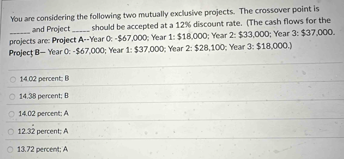 You are considering the following two mutually exclusive projects. The crossover point is
and Project_ should be accepted at a 12% discount rate. (The cash flows for the
_projects are: Project A--Year 0: - $67,000; Year 1 : $18,000; Year 2:$33,00 O; Year 3 : $37,000. 
Project'B— Year 0 : - $67,000; Year 1 : $3 7 ,000; Year 2:$28,100; Year 3:$18,000.)
14.02 percent; B
14. 38 percent; B
14. 02 percent; A
12. 32 percent; A
13. 72 percent; A