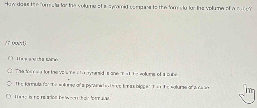 Solved: How does the formula for the volume of a pyramid compare to the ...