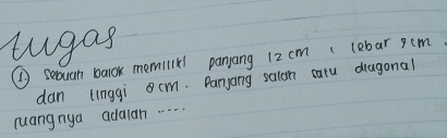 tugas 
( Secuan banok memillkl panyang 12cm lebar cm
dan tinggi cm. Paryong saiah eatu dragonal 
ruangnya addan. . . .