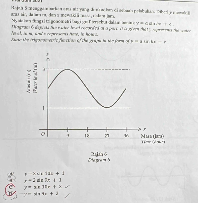 mar Spm 2021
Rajah 6 menggambarkan aras air yang direkodkan di sebuah pelabuhan. Diberi y mewakili
aras air, dalam m, dan x mewakili masa, dalam jam.
Nyatakan fungsi trigonometri bagi graf tersebut dalam bentuk y=asin bx+c. 
Diagram 6 depicts the water level recorded at a port. It is given that y represents the water
level, in m, and x represents time, in hours.
State the trigonometric function of the graph in the form of y=asin bx+c. 
Rajah 6
Diagram 6
a y=2sin 10x+1
B y=2sin 9x+1
C y=sin 10x+2
D y=sin 9x+2