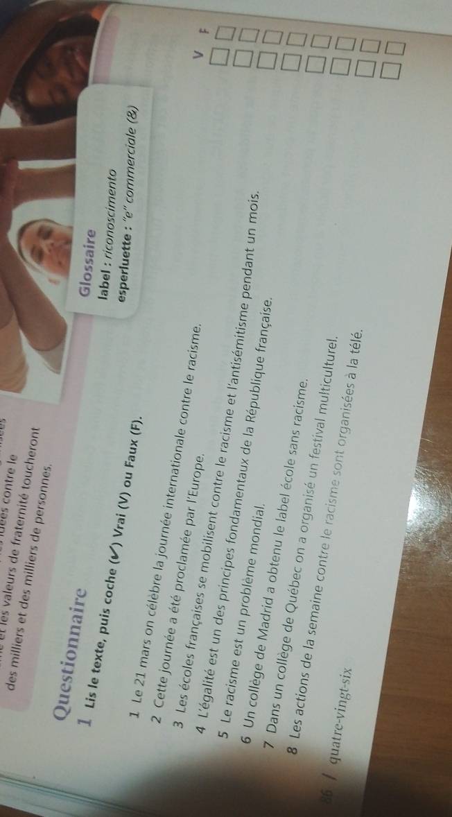 uées contre le 
: t les valeurs de fraternité toucheront 
des milliers et des milliers de personnes. 
Questionnaire 
Glossaire 
label : riconoscimento 
1 Lis le texte, puis coche ( ✔) Vrai (V) ou Faux (F). 
esperluette : ''e'' commerciale (&) 
1 Le 21 mars on célèbre la journée internationale contre le racisme. 
2 Cette journée a été proclamée par l'Europe. 
v E 
3 Les écoles françaises se mobilisent contre le racisme et l'antisémitisme pendant un mois. 
4 L'égalité est un des principes fondamentaux de la République française. 
5 Le racisme est un problème mondial. 
6 Un collège de Madrid a obtenu le label école sans racisme. 
7 Dans un collège de Québec on a organisé un festival multiculturel. 
8 Les actions de la semaine contre le racisme sont organisées à la télé. 
86 / quatre-vingt-six