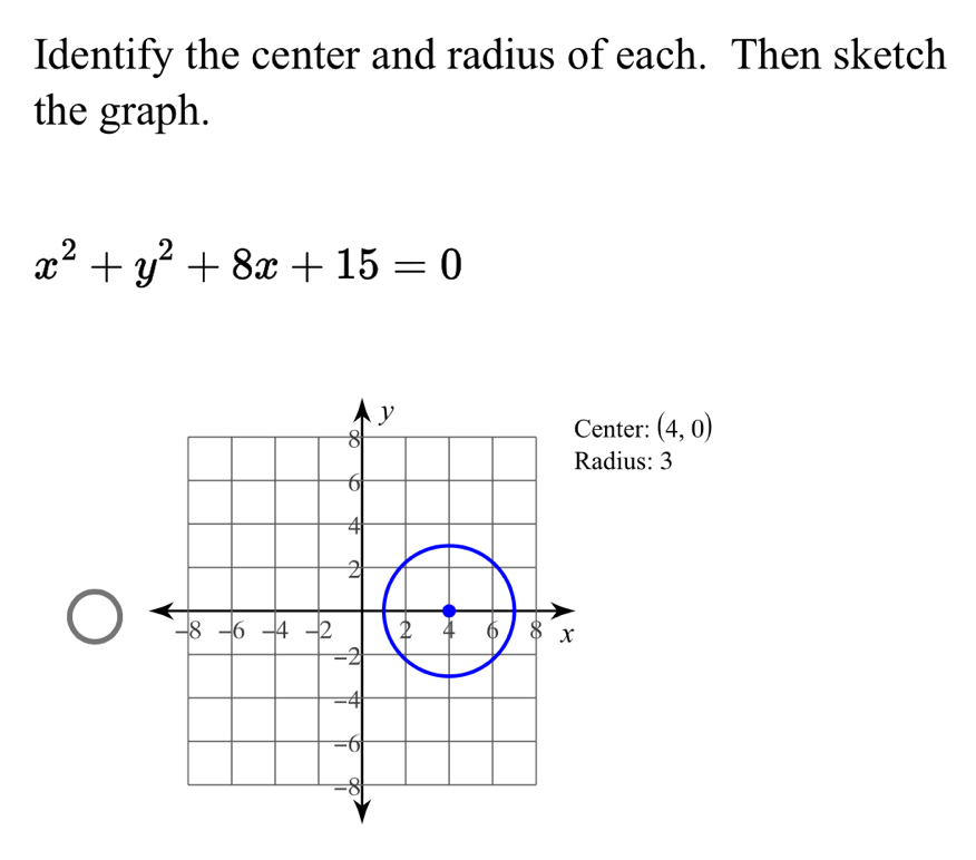 Identify the center and radius of each. Then sketch 
the graph.
x^2+y^2+8x+15=0
enter: (4,0)
adius: 3