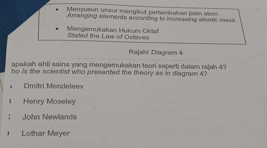 Menyusun unsur mengikut pertambahan jisim atom
Arranging elements according to increasing atomic mass
Mengemukakan Hukum Oktaf
Stated the Law of Octaves
Rajah/ Diagram 4
apakah ahli sains yang mengemukakan teori seperti dalam rajah 4?
ho is the scientist who presented the theory as in diagram 4?
Dmitri Mendeleev
Henry Moseley
John Newlands
Lothar Meyer