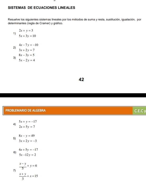 SISTEMAS DE ECUACIONES LINEALES 
Resuelve los siguientes sistemas lineales por los métodos de suma y resta, sustitución, igualación, por 
determinantes (regla de Cramer) y gráfico.
2x+y=3
1)
5x+3y=10
4x-7y=-10
2)
3x+2y=7
8x-3y=5
3)
5x-2y=4
42 
PROBLEMARIO DE ALGEBRA C.E.C y
5x+y=-17
4)
2x+5y=7
8x-y=49
5)
3x+2y=-3
6x+5y=-17
6)
5x-12y=2
 (x-y)/5 +y=6
7)
 (x+y)/3 +x=15