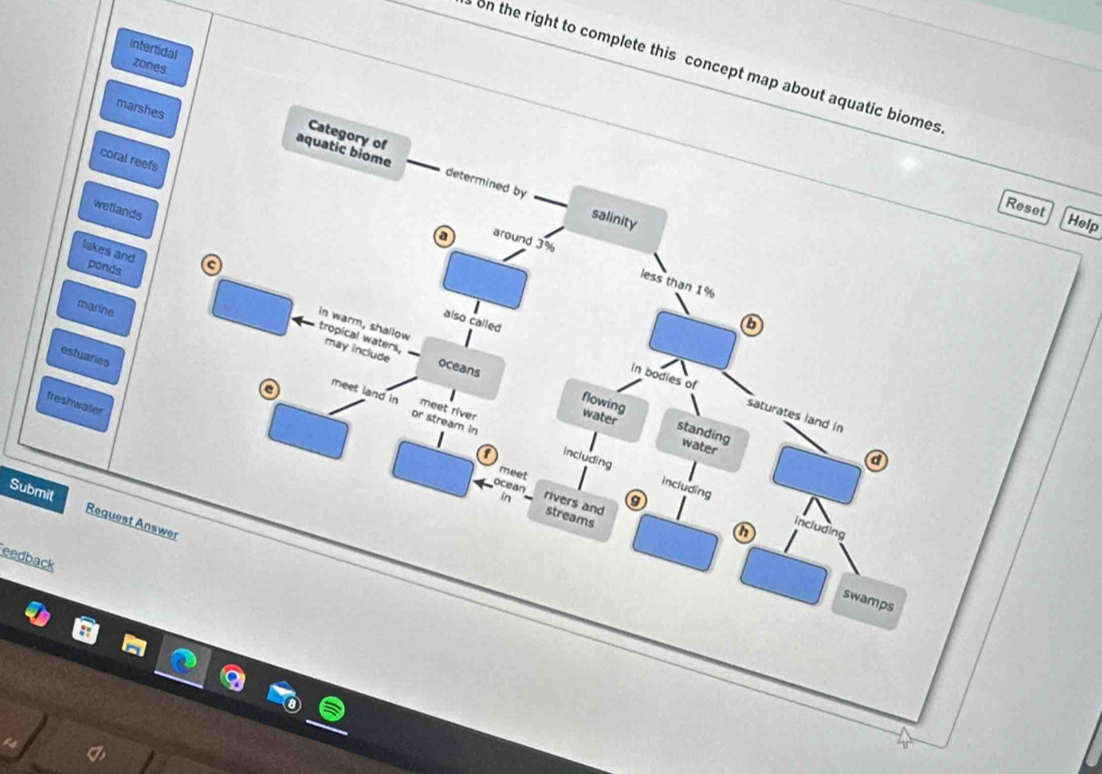 intertidal zones
on the right to complete this concept 
marshes
coral reefs
wetland
Help
lakes and ponds
marine
estuaries
freshwater
Submit Request 
eedback
