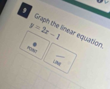 y=2x-1
Graph the linear equatior 
POINT 
LINE