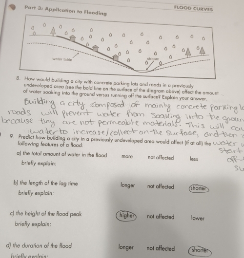 FLOOD CURVES
Part 3: Application to Flo
ng a city with concrete parking lots and roads in a previously
undeveloped area (see the bold line on the surface of the diagram above) affect the amount
of water soaking into the ground versus running off the surface? Explain your answer.
9. Predict how building a city in a previously undeveloped area would affect (if at all) the
following features of a flood:
a) the total amount of water in the flood more not affected less
briefly explain:
b) the length of the lag time longer not affected shorter
briefly explain:
c) the height of the flood peak higher not affected lower
briefly explain:
d) the duration of the flood longer not affected shorter
briefly explain: