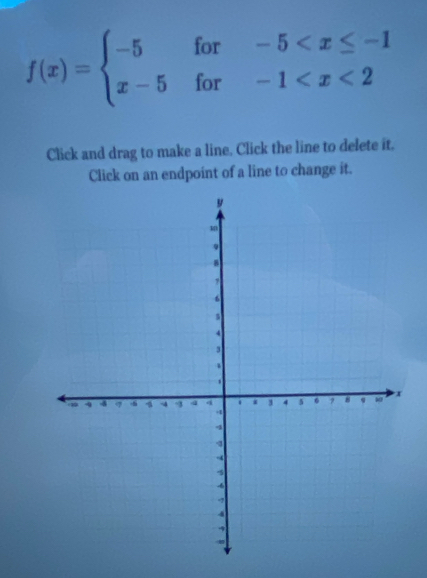 f(x)=beginarrayl -5for-5
Click and drag to make a line. Click the line to delete it. 
Click on an endpoint of a line to change it.