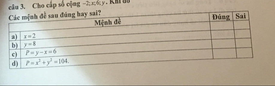 Cho cấp số cộng −2;x;6; y. Khi uu