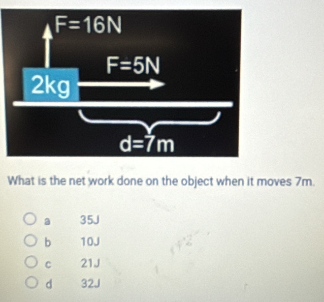 What is the net work done on the object when it moves 7m.
a 35J
b 10J
C 21J
d 32J