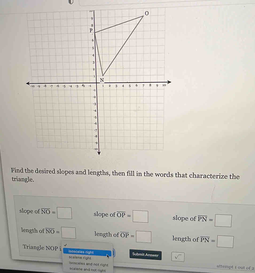 Find the desired slopes and lengths, then fill in the words that characterize the
triangle.
slope of overline NO=□ slope of overline OP=□ slope of overline PN=□
length of overline NO=□ length of overline OP=□ length of overline PN=□
Triangle NOP i isosceles right Submit Answer sqrt() 
scalene right attempt 1 out of 2
isosceles and not right
scalene and not right