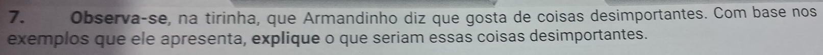 Observa-se, na tirinha, que Armandinho diz que gosta de coisas desimportantes. Com base nos 
exemplos que ele apresenta, explique o que seriam essas coisas desimportantes.